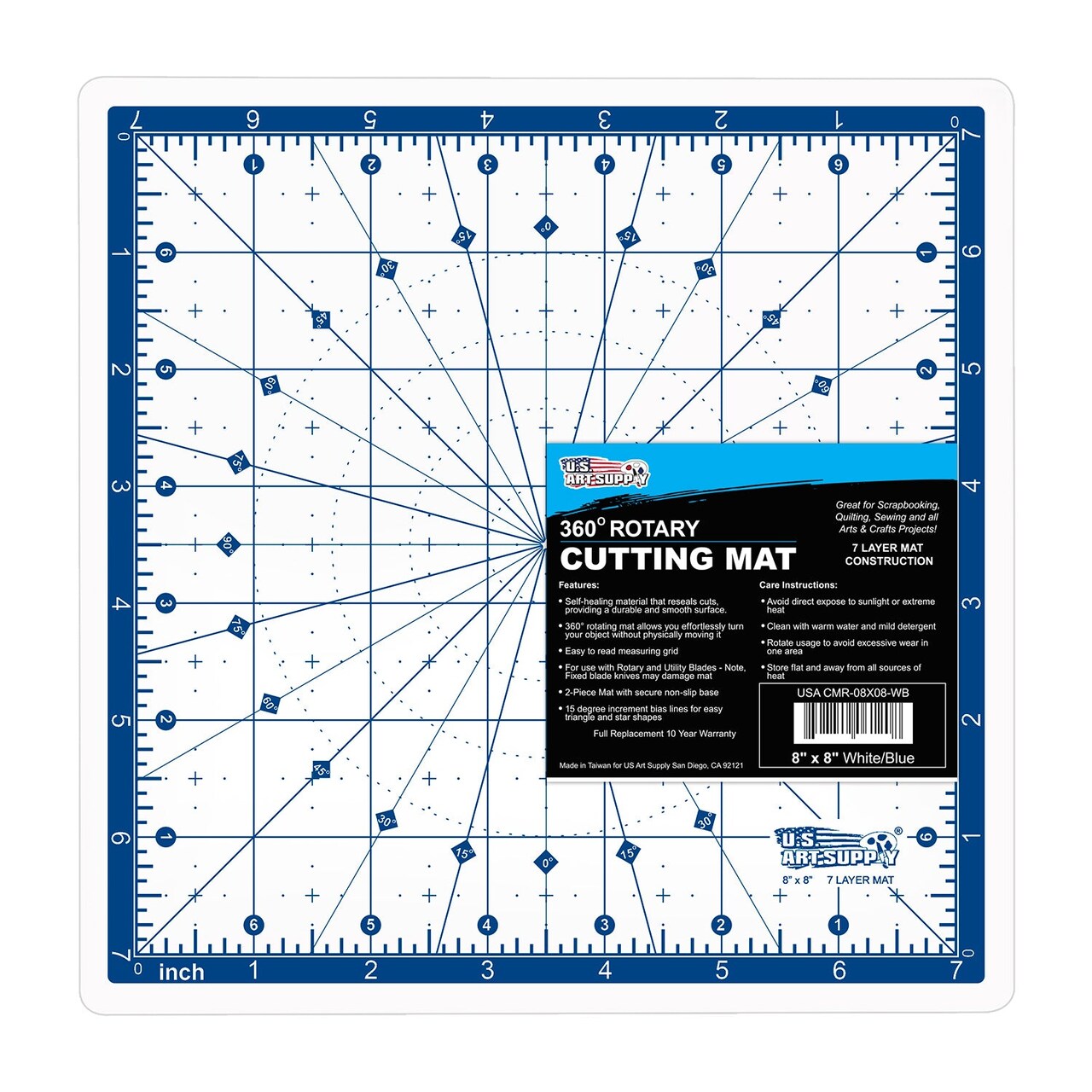 8" x 8" Self-Healing Cutting Mat 7-Ply - Rotary White/Blue Craft Mat, Non-Slip Cutting Mats for Crafts, Sewing, Quilting, Scrapbooking